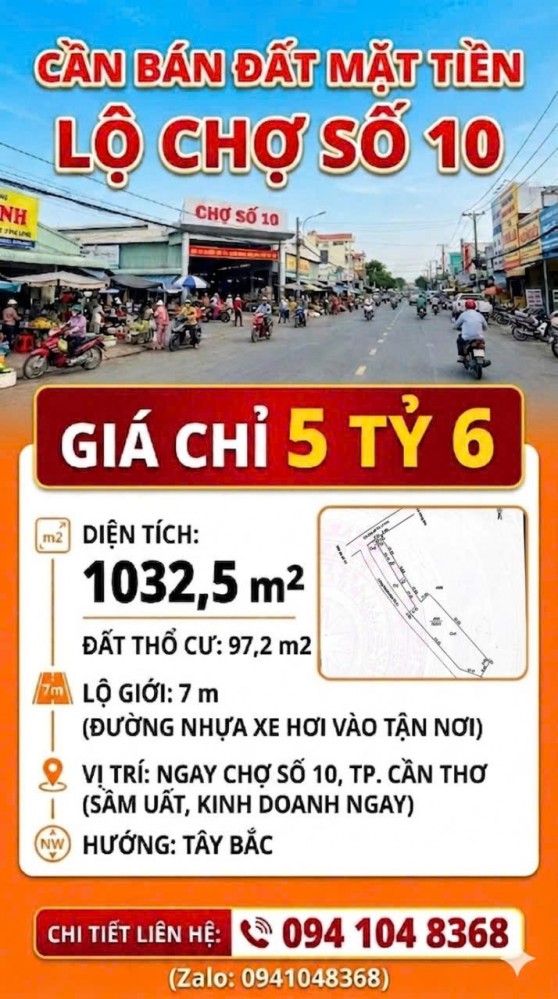 Cần bán 1032,5 m2 đất mặt tiền lộ chợ số 10 .  Giá chỉ 5 tỷ 6 ( Giá tốt nhất khu)