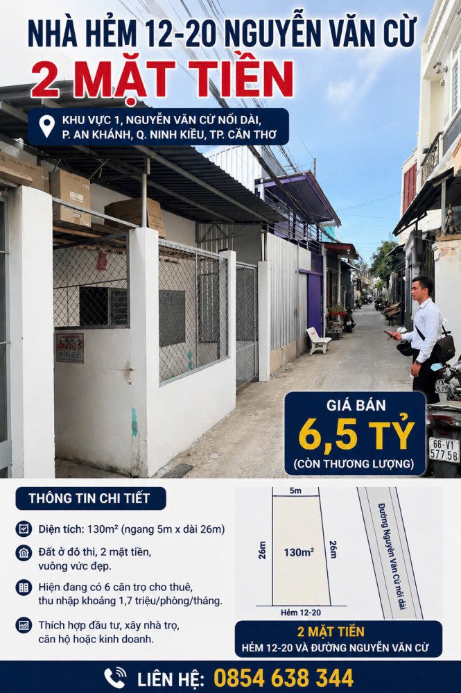Nhà Hẻm 12 -20 Nguyễn Văn Cừ, 2 mặt tiền.  - Vị trí: Khu vực 1, Nguyễn Văn Cừ nối dài, P. An Khánh, Q. Ninh Kiều