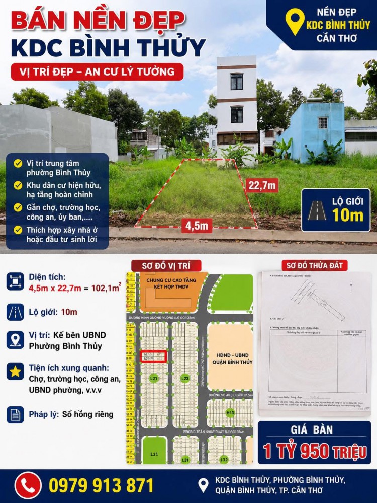 BÁN NỀN ĐẸP KẾ BÊN UBND PHƯỜNG BÌNH THỦY – VỊ TRÍ TRUNG TÂM
